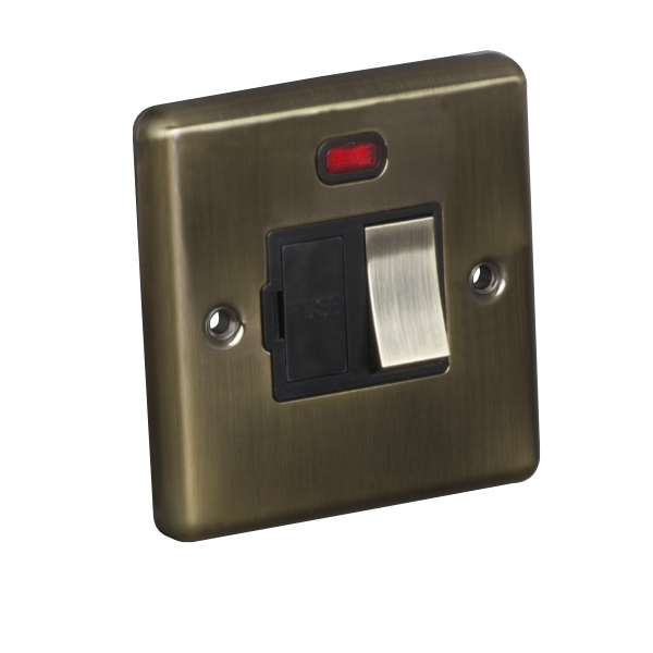 13A Switched Fuse Connection Unit Spur with Neon - Antique Brass (Black) - Right Angled Plate - 3886140
