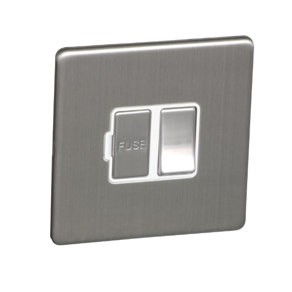 13A Switched Fuse Connection Unit Spur - Brushed Chrome (White) - Screw Less Flat Plate - 3886319