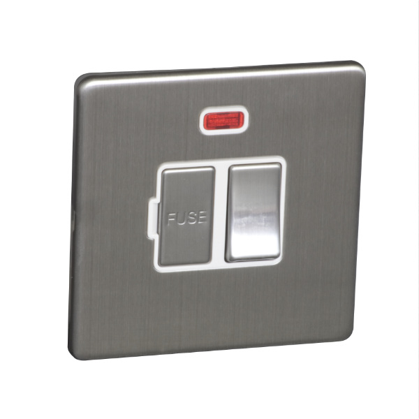 13A Switched Fuse Connection Unit Spur with Neon - Brushed Chrome (White) - Screw Less Flat Plate - 3886320