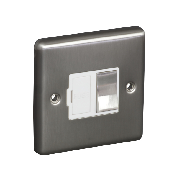 13A Switched Fuse Connection Unit Spur - Brushed Chrome (White) - Right Angled Plate - 3886339