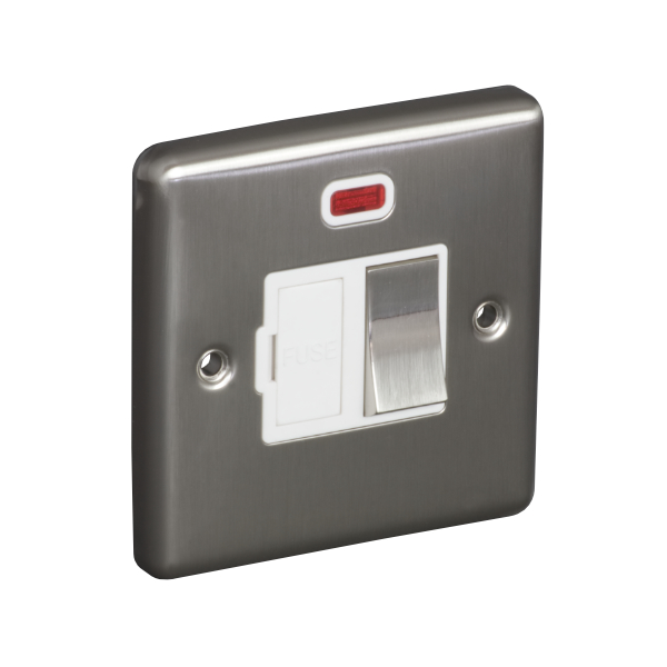 13A Switched Fuse Connection Unit Spur with Neon - Brushed Chrome (White) - Right Angled Plate - 3886340