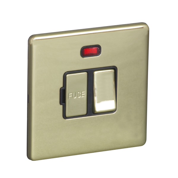 13A Switched Fuse Connection Unit Spur with Neon - Polished Brass (Black) - Screw Less Flat Plate - 3886520