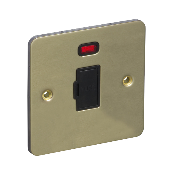 13A Unswitched Fuse Connection Unit Spur with Neon - Polished Brass (Black) - Flat Plate - 3886528