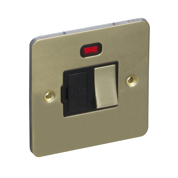 13A Switched Fuse Connection Unit Spur with Neon - Polished Brass (Black) - Flat Plate - 3886530