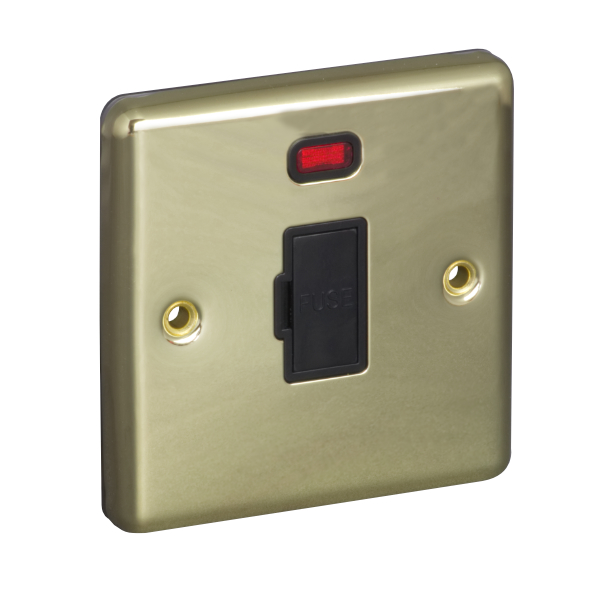 13A Unswitched Fuse Connection Unit Spur with Neon - Polished Brass (Black) - Right Angled Plate - 3886538