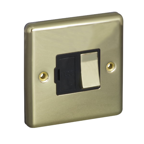 13A Switched Fuse Connection Unit Spur - Polished Brass (Black) - Right Angled Plate - 3886539