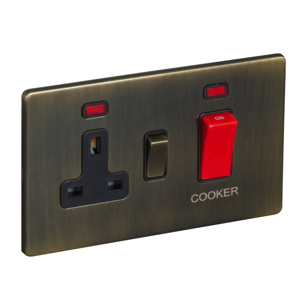 45A 250V Cooker Control Unit, Switched Socket with Neon - Antique Brass (Black) - Screw Less Flat Plate - 3887116