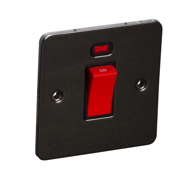 45A 250V 1 Gang Double Pole Switch with Neon, Single Plate - Black Nickel (Black) - Flat Plate - 3887225