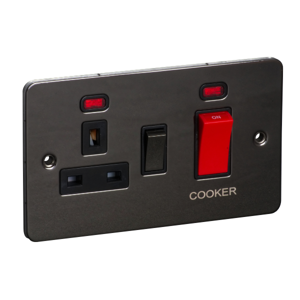 45A 250V Cooker Control Unit, Switched Socket with Neon - Black Nickel (Black) - Flat Plate -  3887226