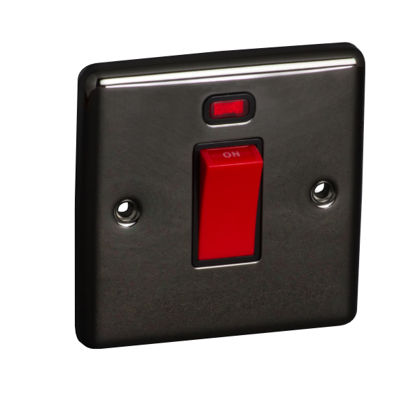 45A 250V 1 Gang Double Pole Switch with Neon, Single Plate - Black Nickel (Black) - Right Angled Plate - 3887235