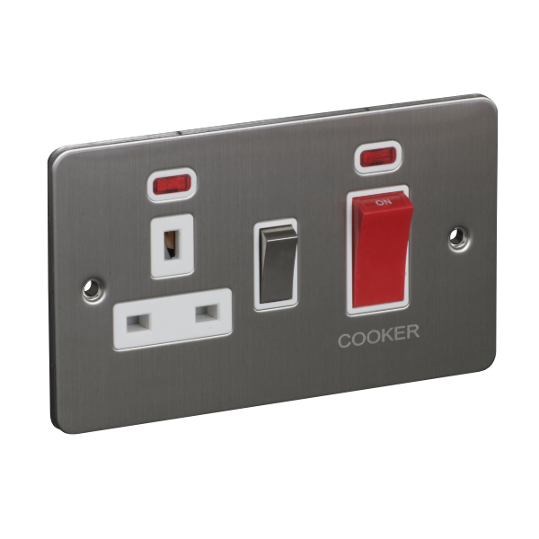 New Arlec Cooker Socket Switch Brushed Chrome & White Control Unit With Neon 
