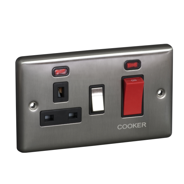 45A 250V Cooker Control Unit, Switched Socket with Neon - Brushed Chrome (Black) - Right Angled Plate - 3887436