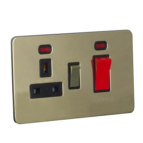 45A 250V Cooker Control Unit, Switched Socket with Neon - Polished Brass (Black) - Screw Less Flat Plate - 3887516