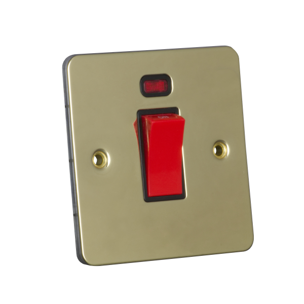 45A 250V 1 Gang Double Pole Switch with Neon, Single Plate - Polished Brass (Black) - Flat Plate - 3887525