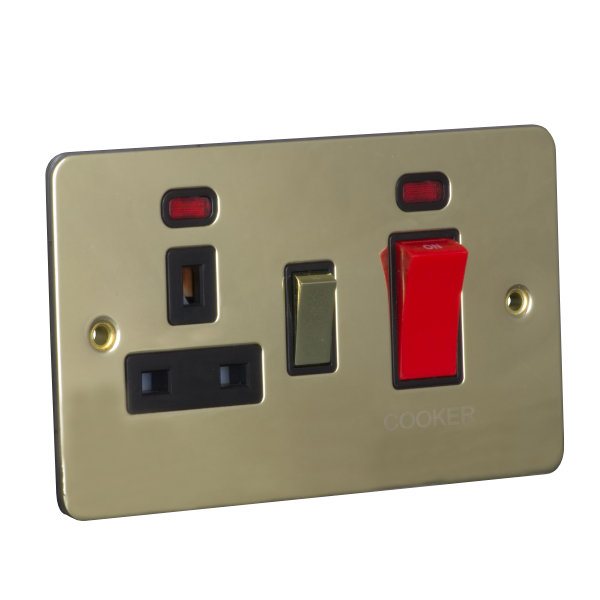 45A 250V Cooker Control Unit, Switched Socket with Neon - Polished Brass (Black) - Flat Plate - 3887526