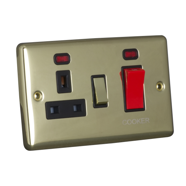 45A 250V Cooker Control Unit, Switched Socket with Neon - Polished Brass (Black) - Right Angled Plate - 3887536