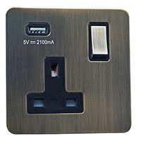 13A Socket + USB - 1 Gang - Antique Brass (Black) - Screw Less Flat Plate - 3888102