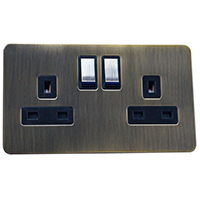 13A Socket - 2 Gang - Antique Brass (Black) - Screw Less Flat Plate - 3888103