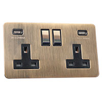 13A Socket + USB - 2 Gang - Antique Brass (Black) - Screw Less Flat Plate - 3888104