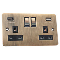 13A Socket + USB - 2 Gang - Antique Brass (Black) - Flat Plate - 3888114