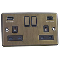 13A Socket + USB - 2 Gang - Antique Brass (Black) - Round Angled Plate - 3888124