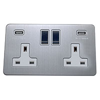 13A Socket + USB - 2 Gang - Brushed Chrome (White) - Screw Less Flat Plate - 3888304