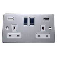 13A Socket + USB - 2 Gang - Brushed Chrome (White) - Flat Plate - 3888314