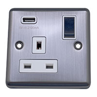 13A Socket + USB - 1 Gang - Brushed Chrome (White) - Round Angled Plate - 3888322