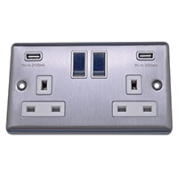13A Socket + USB - 2 Gang - Brushed Chrome (White) - Round Angled Plate - 3888324