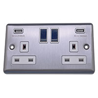 13A Socket + USB - 2 Gang - Brushed Chrome (White) - Round Angled Plate - 3888324
