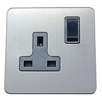 13A Socket - 1 Gang - Brushed Chrome (Black) - Screw Less Flat Plate - 3888401