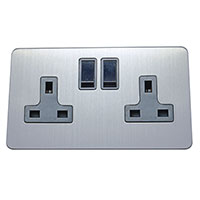 13A Socket - 2 Gang - Brushed Chrome (Black) - Screw Less Flat Plate - 3888403