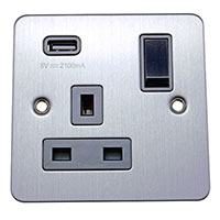 13A Socket + USB - 1 Gang - Brushed Chrome (Black) - Flat Plate - 3888412