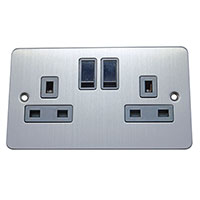 13A Socket - 2 Gang - Brushed Chrome (Black) - Flat Plate - 3888413