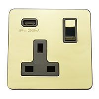 13A Socket + USB - 1 Gang - Polished Brass (Black) - Screw Less Flat Plate - 3888502