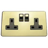 13A Socket - 2 Gang - Polished Brass (Black) - Screw Less Flat Plate - 3888503