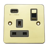 13A Socket + USB - 1 Gang - Polished Brass (Black) - Flat Plate - 3888512