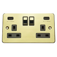 13A Socket + USB - 2 Gang - Polished Brass (Black) - Flat Plate - 3888514