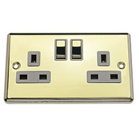 13A Socket - 2 Gang - Polished Brass (Black) - Round Angled Plate - 3888523