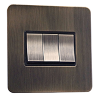 Light Switch - 3 Gang 2 Way - Antique Brass (Black) - Screw Less Flat Plate - 3889112