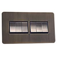 Light Switch - 6 Gang 2 Way - Antique Brass (Black) - Screw Less Flat Plate - 3889114