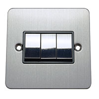 Light Switch - 3 Gang 2 Way - Brushed Chrome (Black) - Flat Plate - 3889422