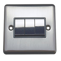 Light Switch - 3 Gang 2 Way - Brushed Chrome (Black) - Round Angled Plate - 3889432