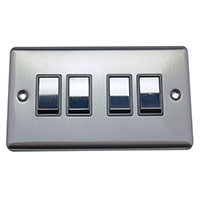 Light Switch - 4 Gang 2 Way - Brushed Chrome (Black) - Round Angled Plate - 3889433