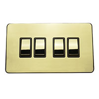 Light Switch - 4 Gang 2 Way - Polished Brass (Black) - Screw Less Flat Plate - 3889513