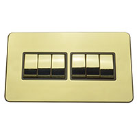 Light Switch - 6 Gang 2 Way - Polished Brass (Black) - Screw Less Flat Plate - 3889514