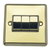 Light Switch - 3 Gang 2 Way - Polished Brass (Black) - Round Angled Plate - 3889532