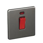 45A 250V 1 Gang Double Pole Switch with Neon, Single Plate - Brushed Chrome (Black) - Screw Less Flat Plate - 3887415