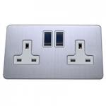 13A Socket - 2 Gang - Brushed Chrome (White) - Screw Less Flat Plate - 3888303