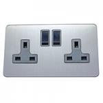 13A Socket - 2 Gang - Brushed Chrome (Black) - Screw Less Flat Plate - 3888403